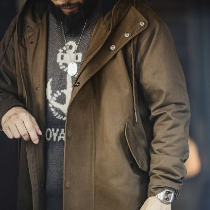 美式復古M51磨毛連帽風衣軍事風寬鬆純棉中長款外套男秋-Retro's Wear