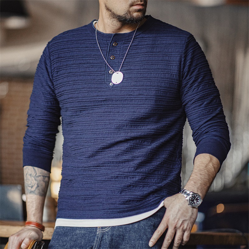 美式復古提花針織牛仔亨利衫vintage硬漢修身長袖T恤男秋-Retro's Wear