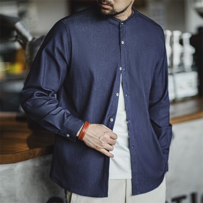 美式復古凉感冰絲牛仔襯衫水洗圓領休閒長袖襯衣外套男秋-Retro's Wear