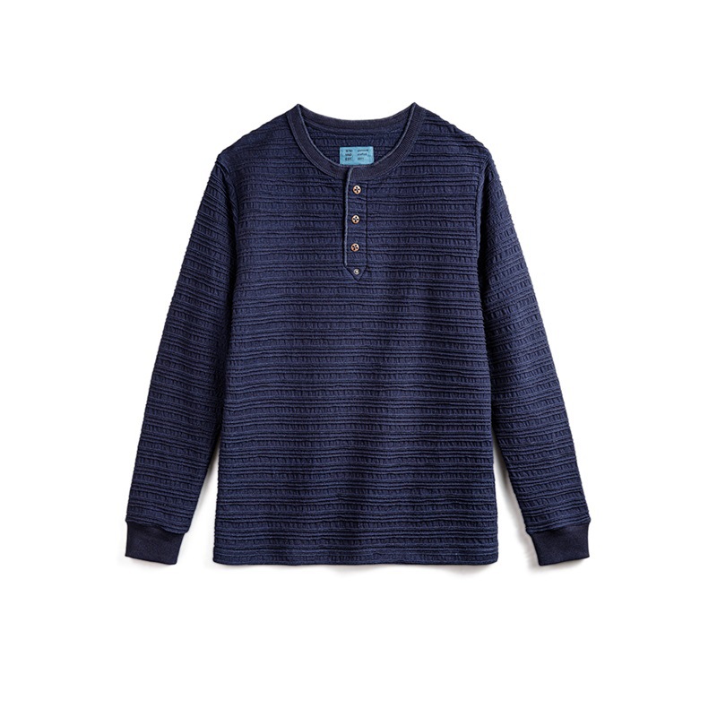 美式復古提花針織牛仔亨利衫vintage硬漢修身長袖T恤男秋-Retro's Wear