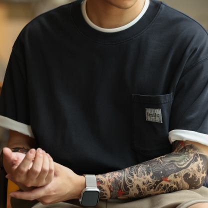 美式復古重磅水洗做舊T恤男260g純棉口袋刺繡短袖打底衫