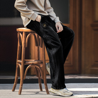 美式復古三條杠燈芯絨拼接牛仔褲男秋冬款休閒寬鬆直筒長褲