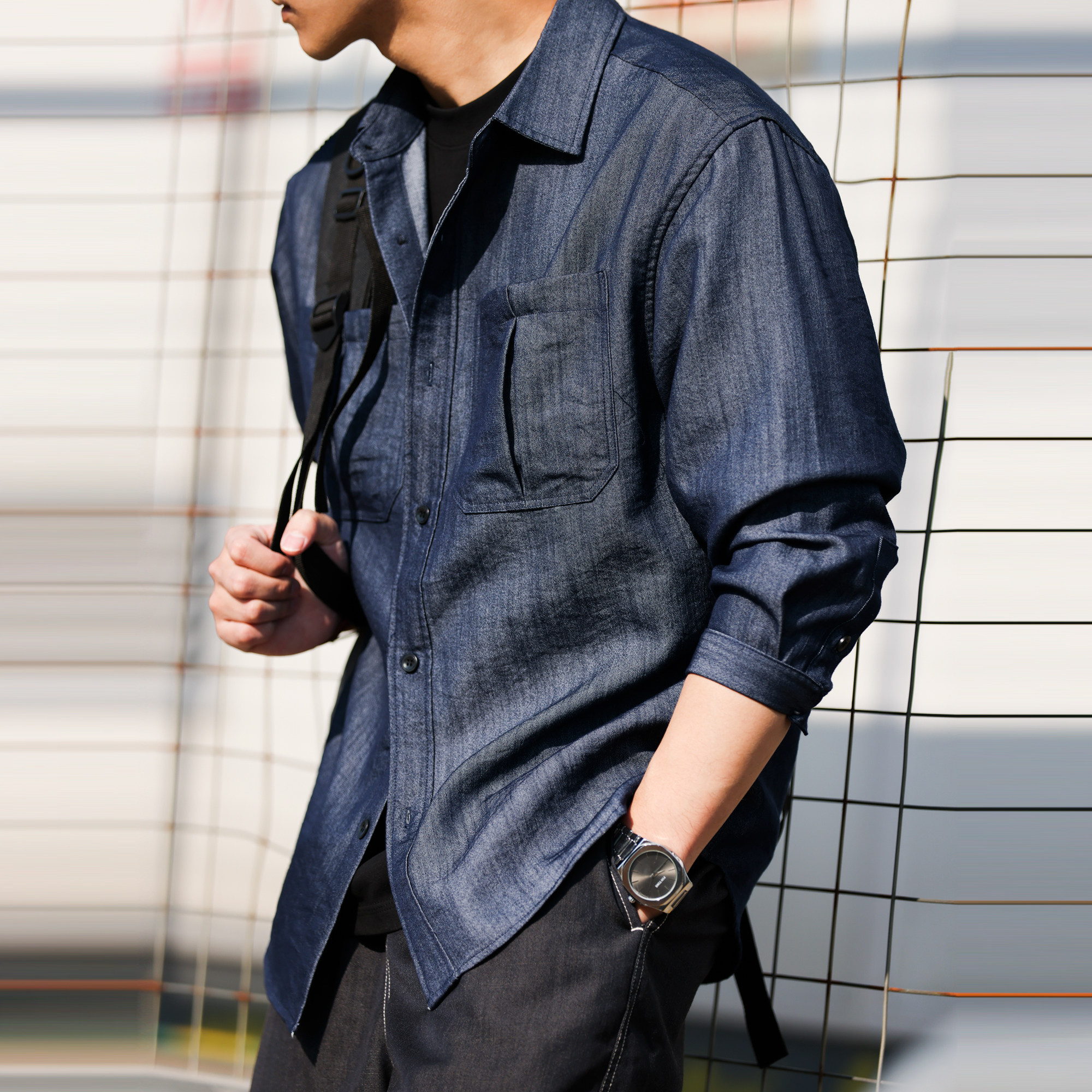 美式復古肌理感仿牛仔長袖襯衫男寬鬆Vintage疊穿襯衣春