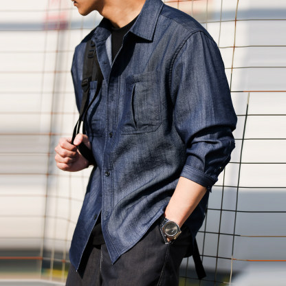 美式復古肌理感仿牛仔長袖襯衫男寬鬆Vintage疊穿襯衣春