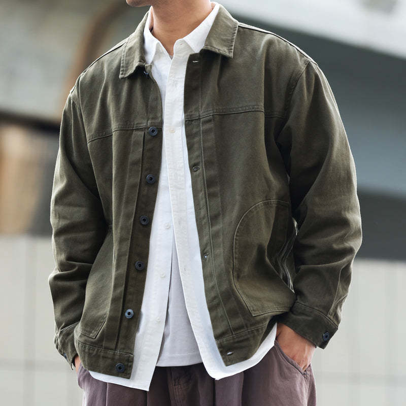 美式格雷系碳素磨毛復古夾克男士寬鬆休閒重磅翻領工裝外套-Retro's Wear