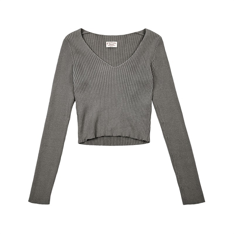 馬登女裝美式復古針織衫純棉內搭V領打底秋冬短款純色修身女上衣-Retro's Wear