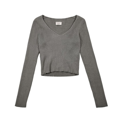 馬登女裝美式復古針織衫純棉內搭V領打底秋冬短款純色修身女上衣-Retro's Wear
