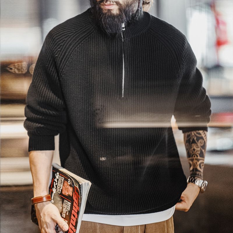 美式復古半拉鍊立領毛衣套頭打底高領針織衫上衣男秋冬-Retro's Wear