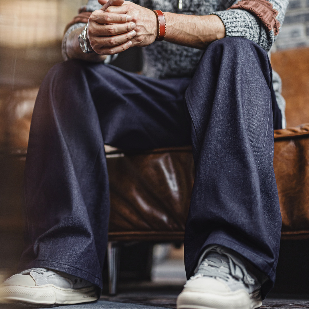 美式復古微喇闊腿直筒牛仔褲鬆弛垂感深藍色赤耳原牛男秋