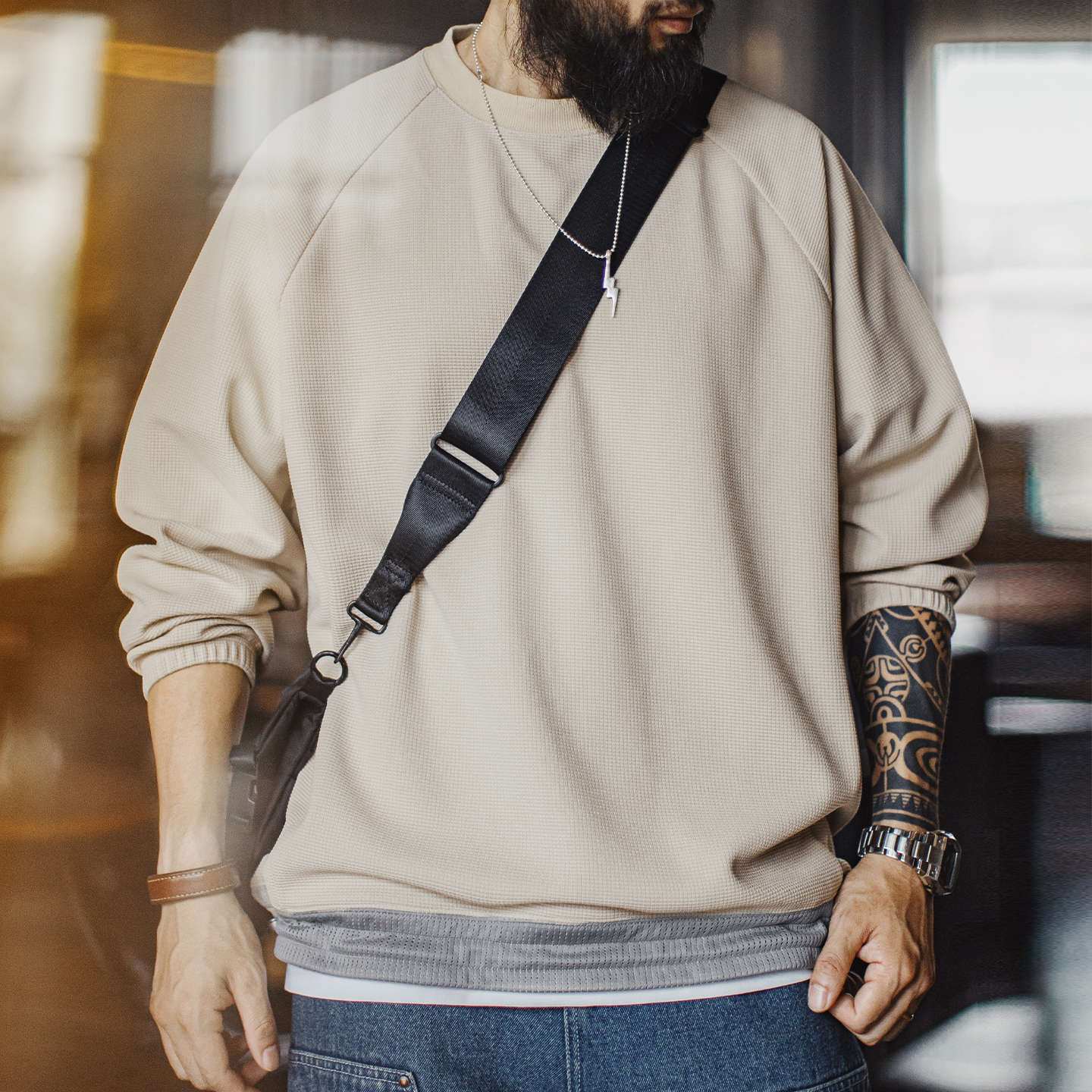 美式休閒華夫格重磅長袖衛衣插肩袖垂感寬鬆日系外套男秋