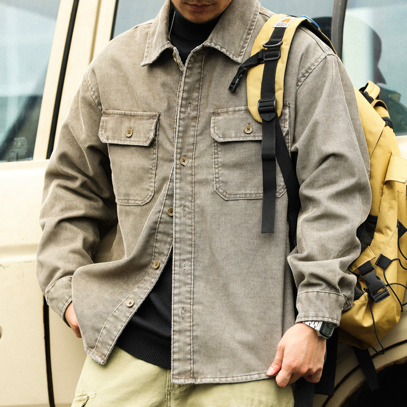 美式休閒水洗長袖燈芯絨襯衣男疊穿外搭16坑條絨肌理感襯衫-Retro's Wear