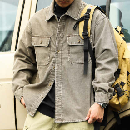 美式休閒水洗長袖燈芯絨襯衣男疊穿外搭16坑條絨肌理感襯衫-Retro's Wear