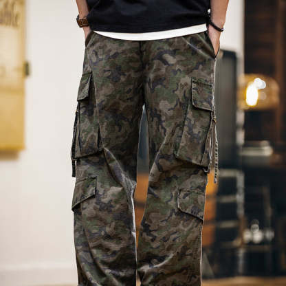 美式復古純棉網格迷彩工裝褲子男多口袋2025春夏新款直筒休閒長褲