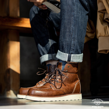 翻領復古工裝靴男靴冬季英倫風牛仔高幫皮靴子百搭短靴馬丁靴-Retro's Wear