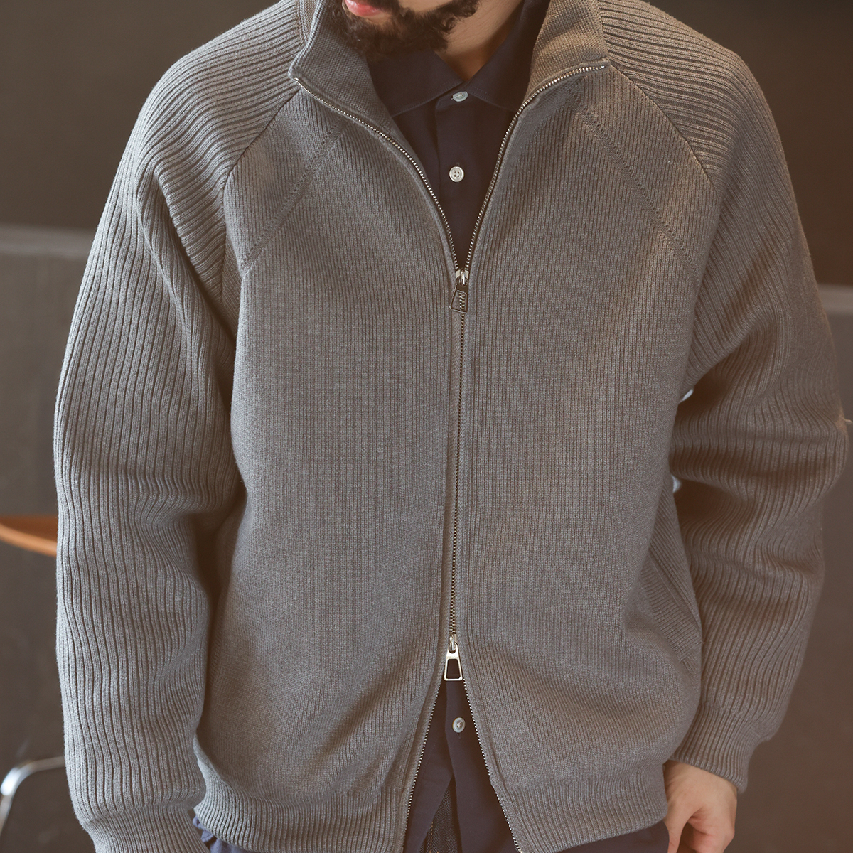 美式休閒保暖立領毛衣羽絨服男90絨灰色針織開衫外套冬