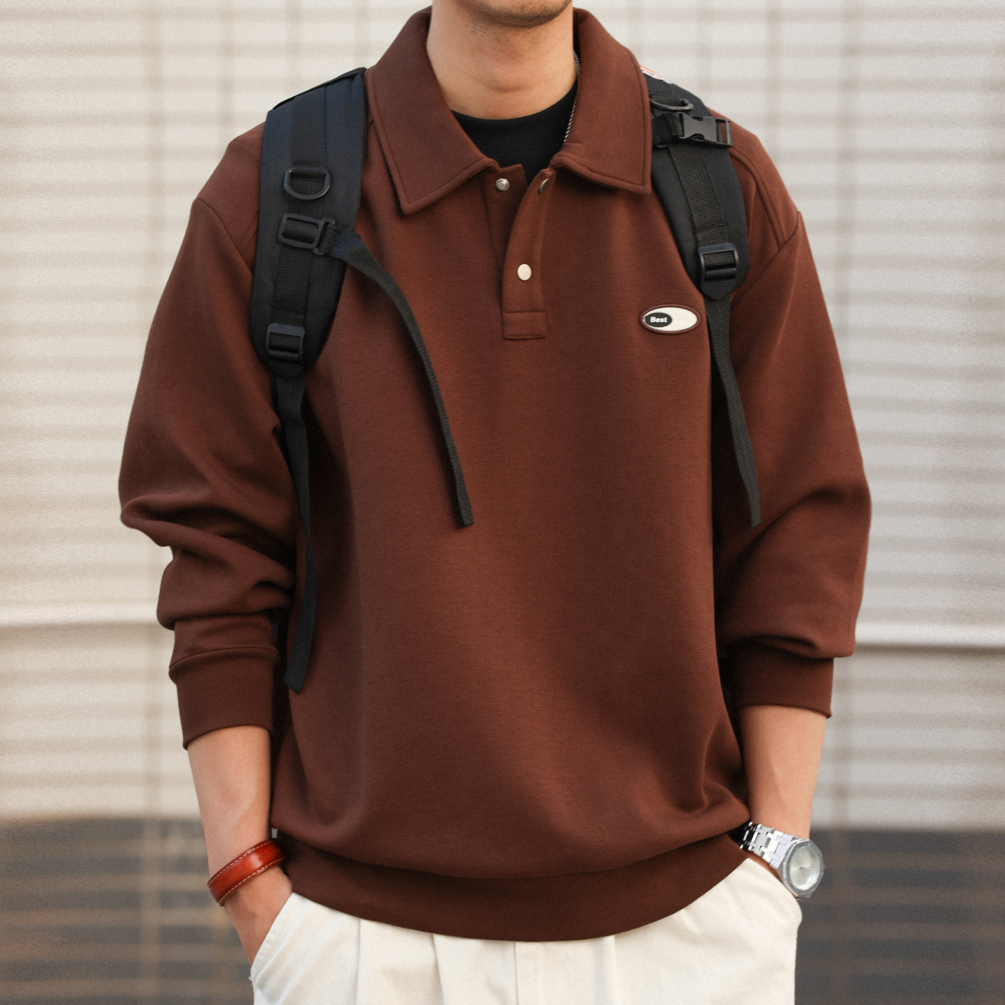 美式復古棉氨刺繡POLO領衛衣男340g空氣層翻領疊穿上衣