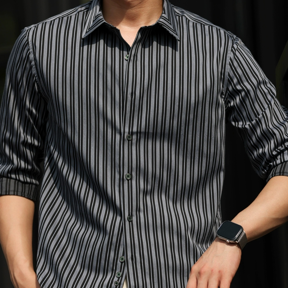 130g莫代爾豎條紋長袖襯衫男休閒親膚免燙輕奢感襯衣秋