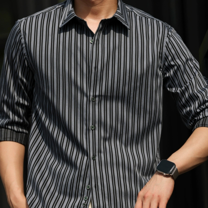 130g莫代爾豎條紋長袖襯衫男休閒親膚免燙輕奢感襯衣秋