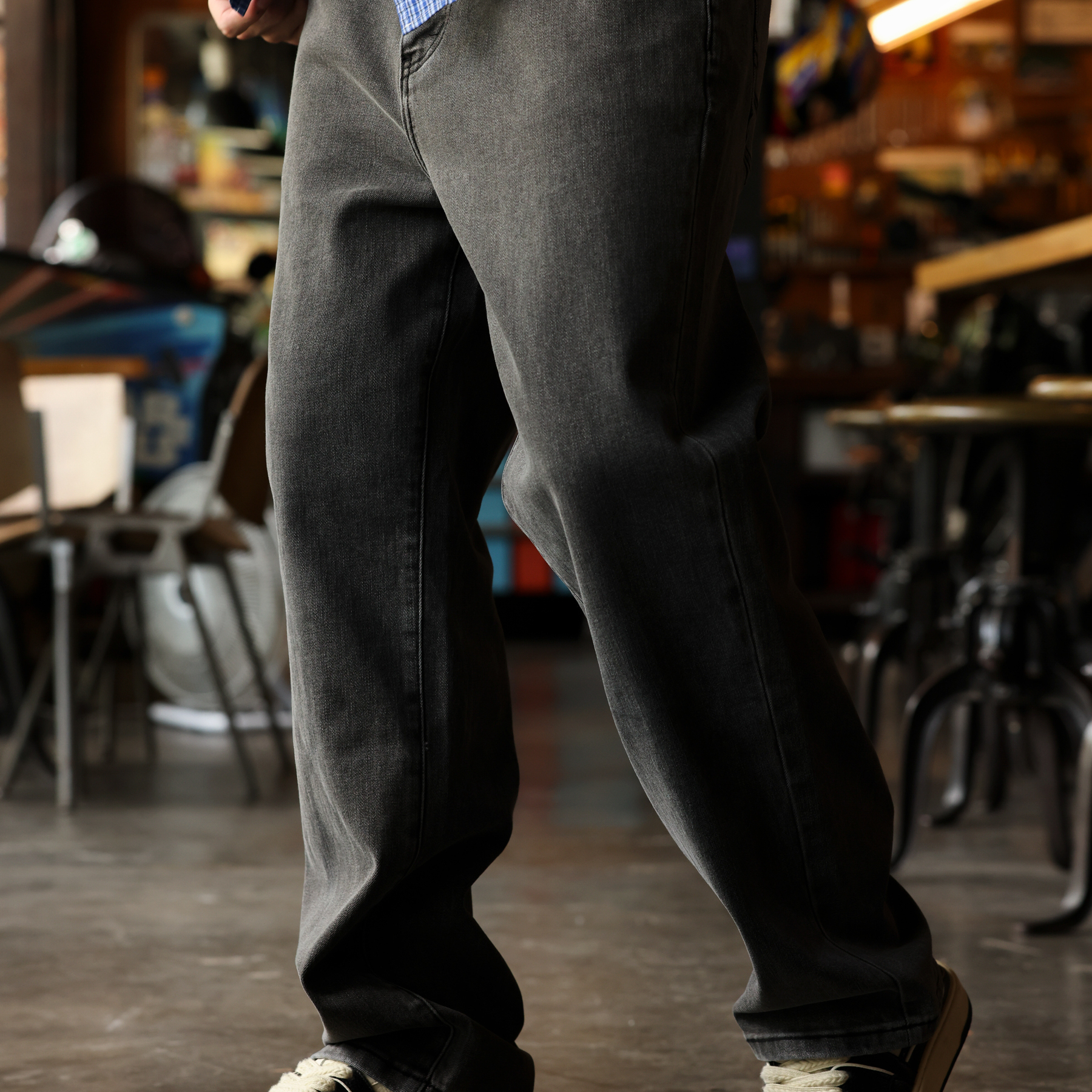 重工15盎司棉彈牛仔褲男石磨霧化灰黑色合體直筒長褲子