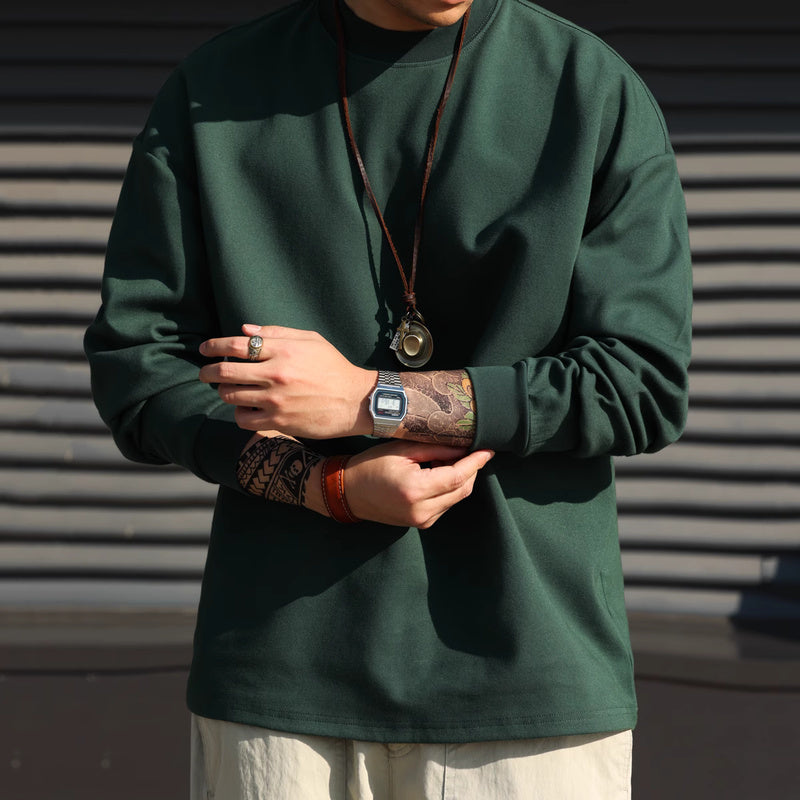 日系休閒300g重磅小領口長袖T恤男cleanfit復古抗皺TEE