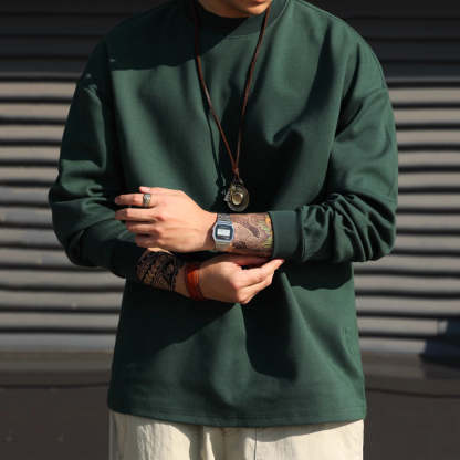 日系休閒300g重磅小領口長袖T恤男cleanfit復古抗皺TEE