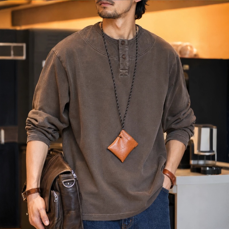 秋季新款美式復古T恤男士高級感純棉亨利領休閒打底衫
