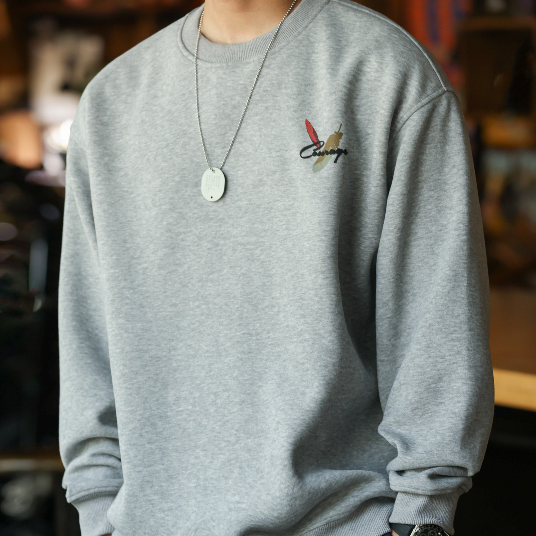 日系復古印花圓領衛衣男寬鬆420G重磅秋冬套頭疊穿上衣