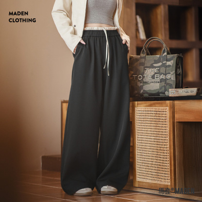 黑色寬鬆緊腰頭拼接休閒褲花邊直筒闊腿垂感西褲小個子女士夏