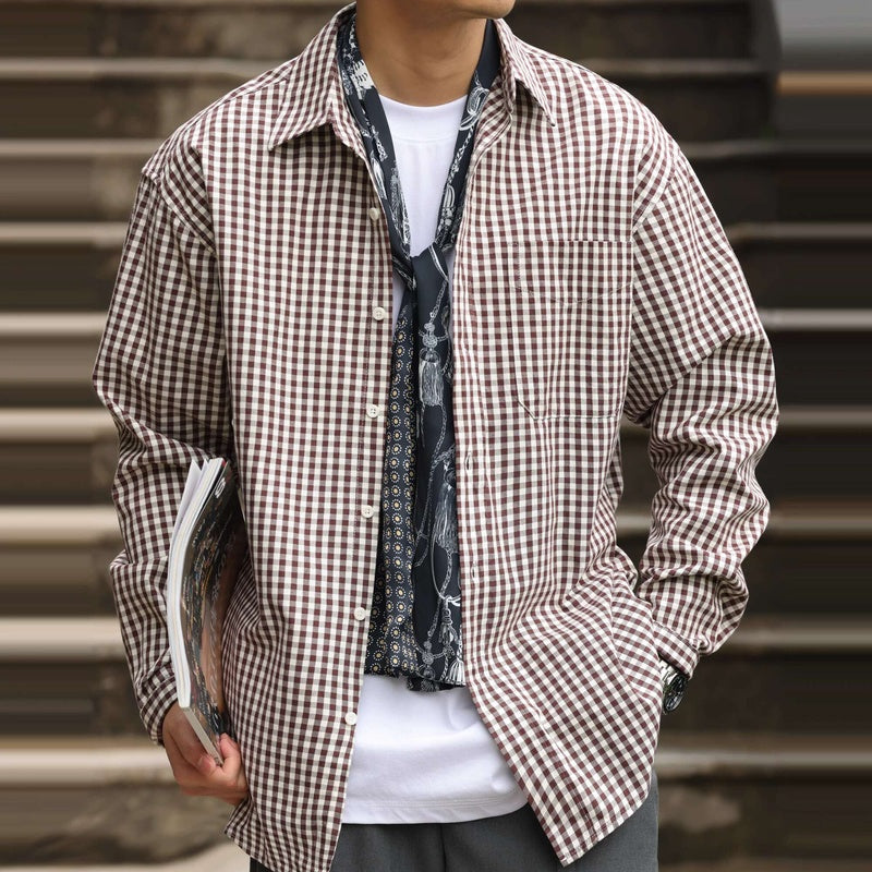 美式休閒175g薄款格子襯衫男寬鬆牛津紡復古長袖疊穿襯衣