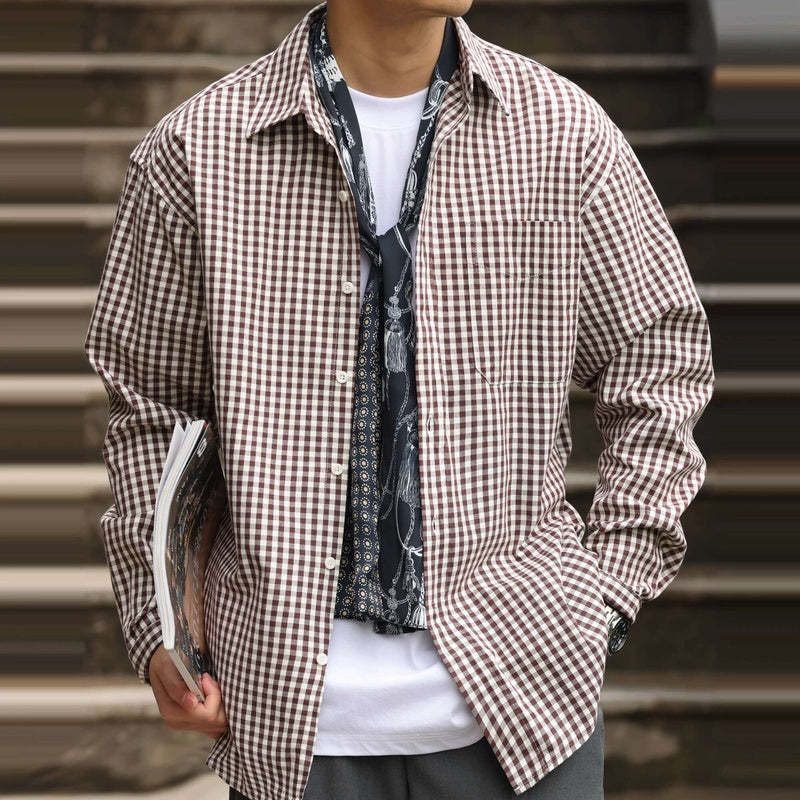 美式休閒175g薄款格子襯衫男寬鬆牛津紡復古長袖疊穿襯衣