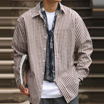 美式休閒175g薄款格子襯衫男寬鬆牛津紡復古長袖疊穿襯衣