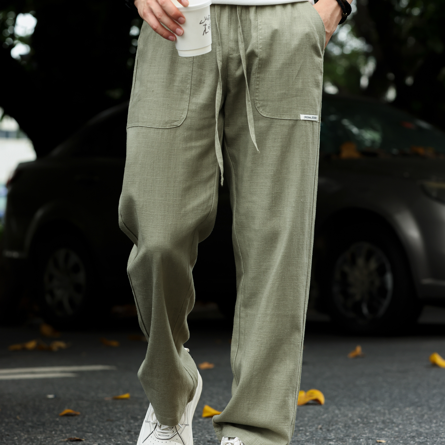 夏季美式透氣棉麻休閒褲子男寬鬆垂墜感鬆緊腰直筒長褲