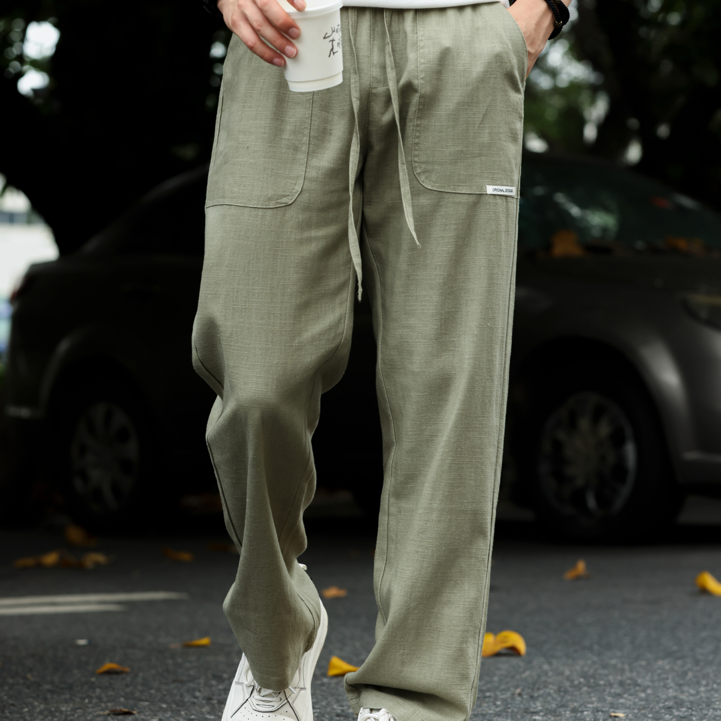 夏季美式透氣棉麻休閒褲子男寬鬆垂墜感鬆緊腰直筒長褲