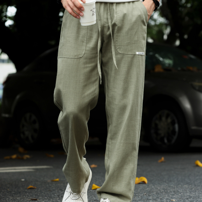 夏季美式透氣棉麻休閒褲子男寬鬆垂墜感鬆緊腰直筒長褲