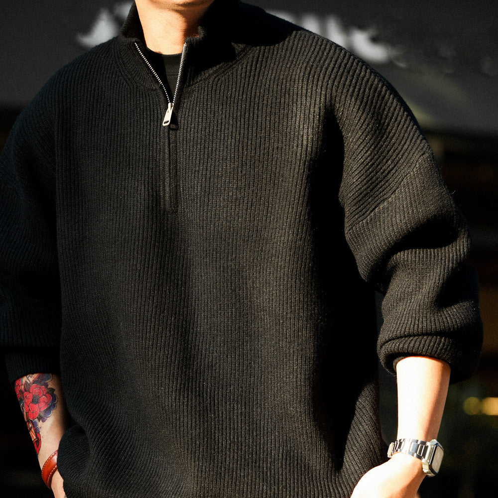 美式休閒半拉鍊立領保暖毛衣男700g復古慵懶風針織衫冬-Retro's Wear