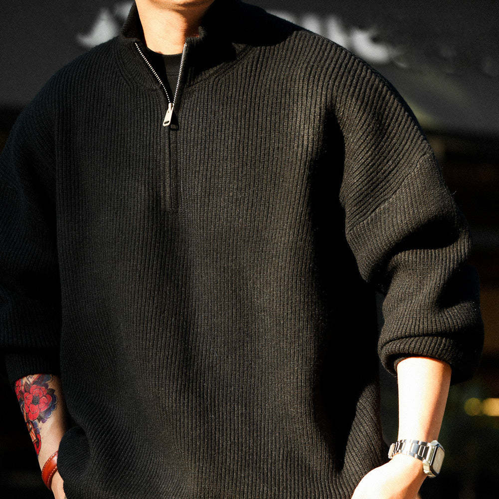 美式休閒半拉鍊立領保暖毛衣男700g復古慵懶風針織衫冬-Retro's Wear
