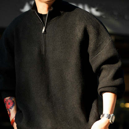 美式休閒半拉鍊立領保暖毛衣男700g復古慵懶風針織衫冬-Retro's Wear