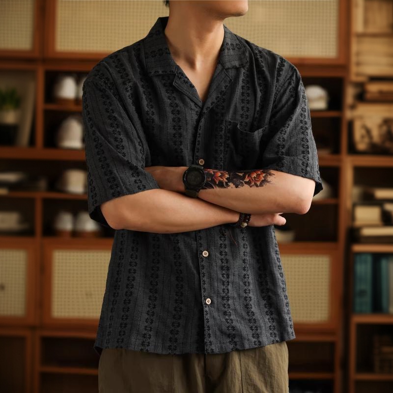 美式復古波西米亞短袖襯衣男夏威夷休閒度假古巴領襯衫