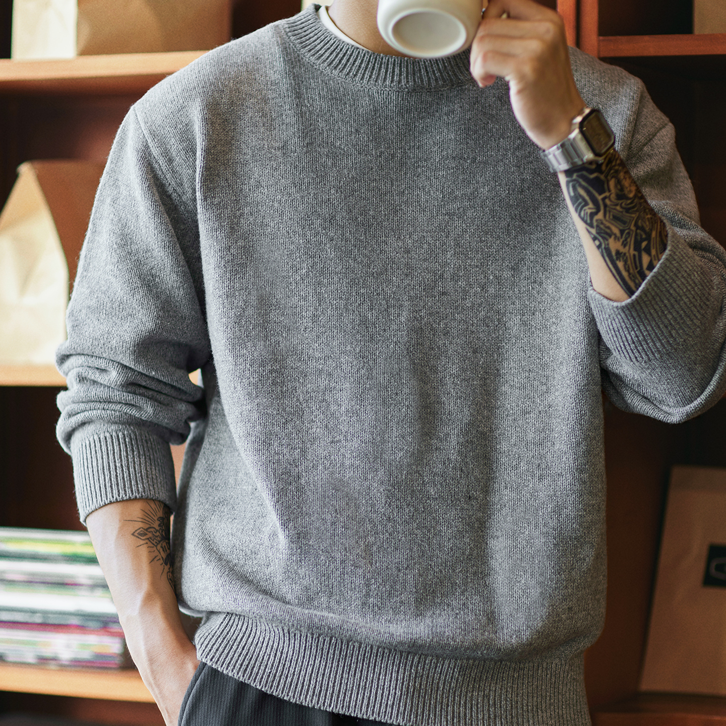 2025冬季新款羊毛混紡圓領毛衣男寬鬆加厚保暖慵懶內搭打底針織衫