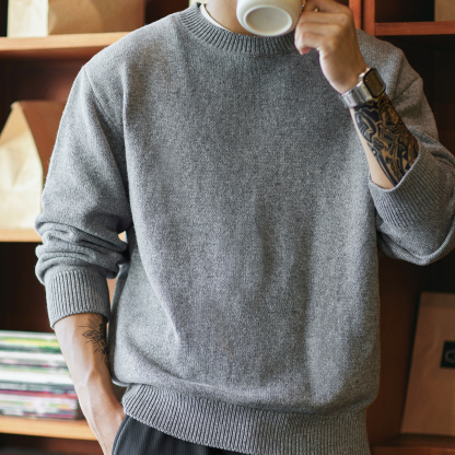 2025冬季新款羊毛混紡圓領毛衣男寬鬆加厚保暖慵懶內搭打底針織衫