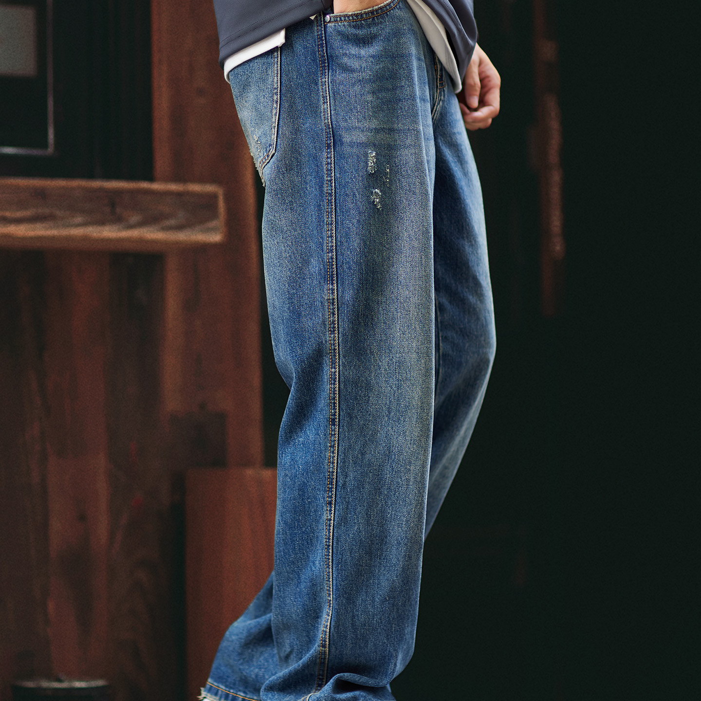 水洗大牛直筒牛仔褲男2025秋季新款美式復古脚口磨爛長褲