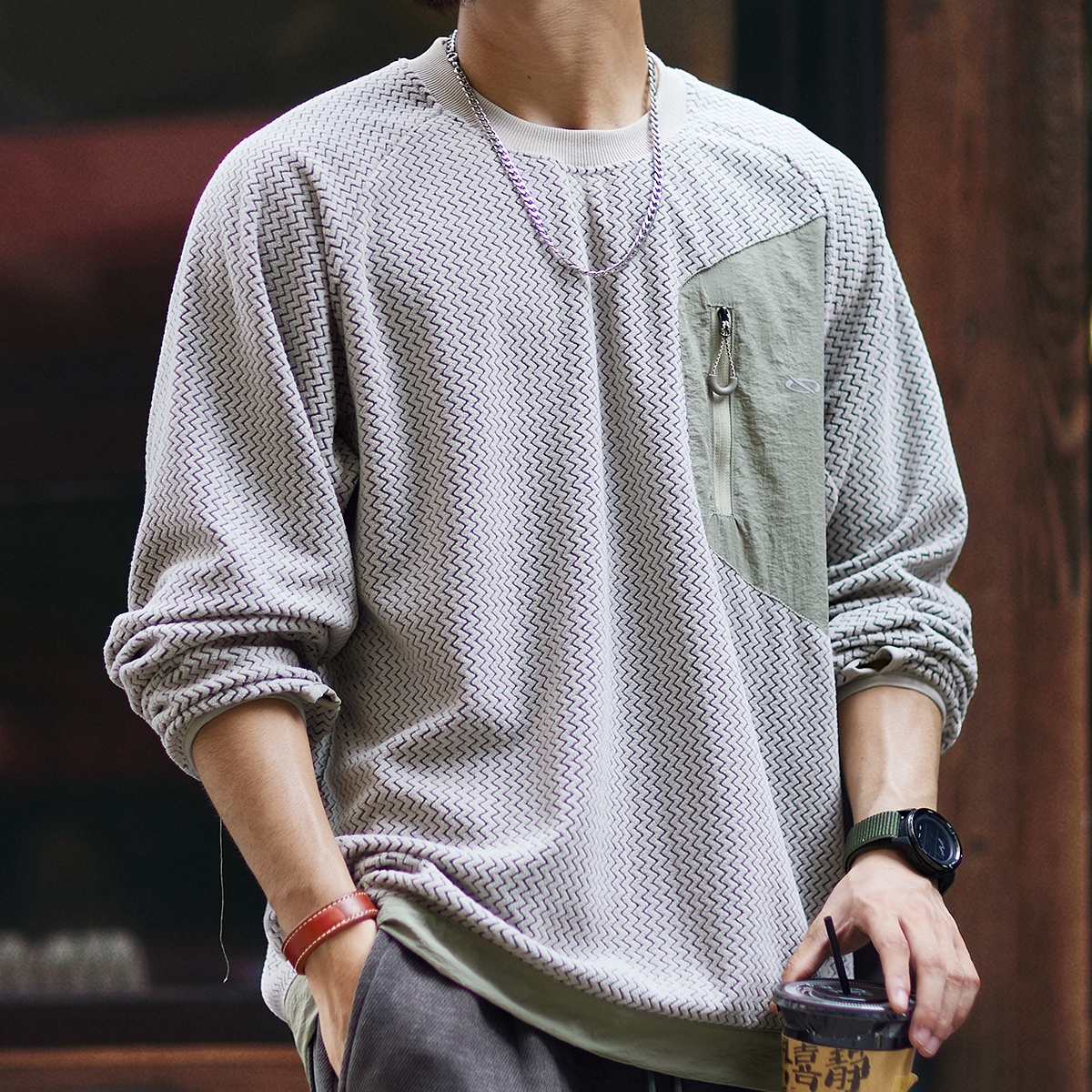 280g波浪肌理絨感長袖衛衣男2025秋季新款寬鬆拼接圓領套頭上衣