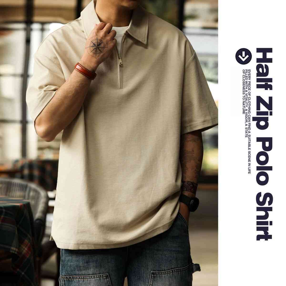 美式休閒半拉鍊翻領POLO衫男260g重磅肌理感寬鬆短袖T恤