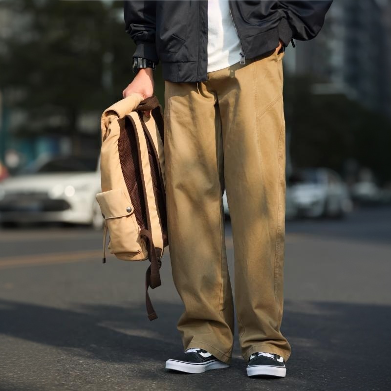 日系重磅純棉水洗直筒休閒褲男330g拼接設計感寬鬆長褲