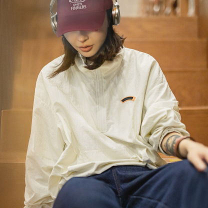 美式復古半拉鍊立領寬鬆夾克衛衣city girl運動套頭外套女夏