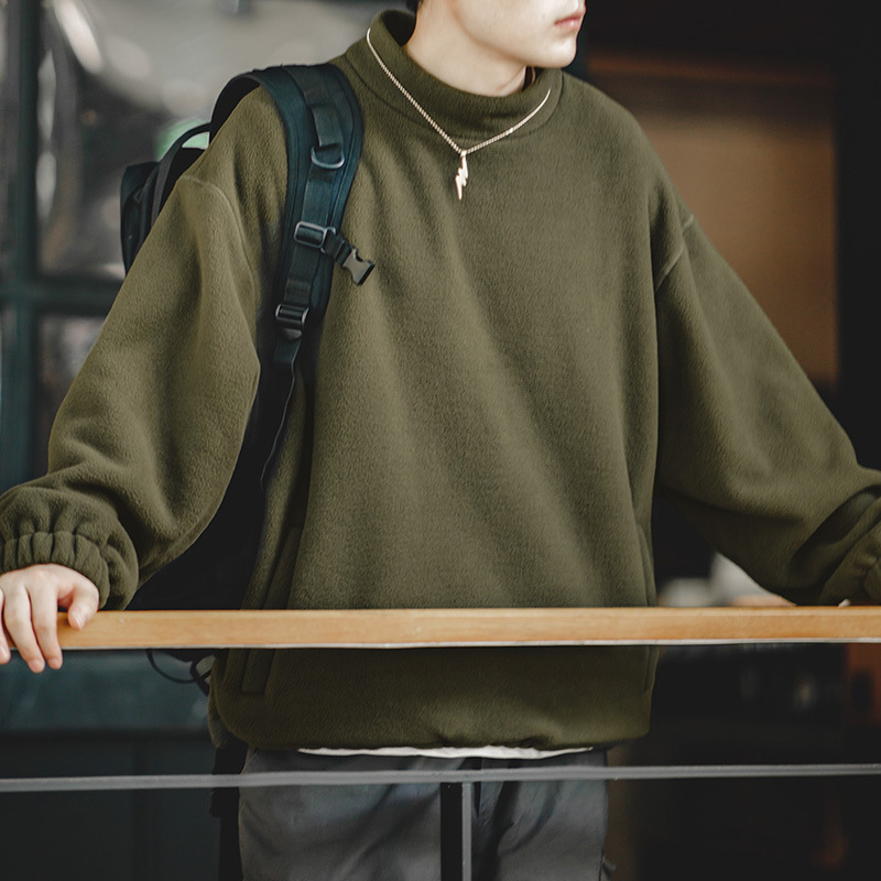 美式休閒搖粒絨衛衣立領cityboy寬鬆慵懶無帽套頭衫男秋-Retro's Wear