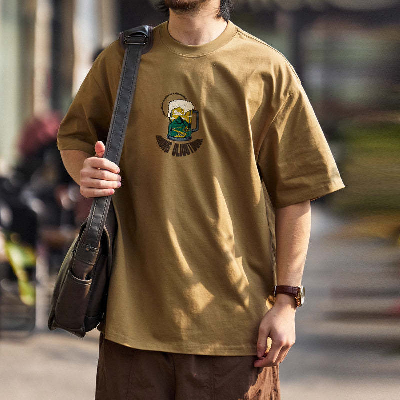 美式休閒230g水洗短袖T恤男寬鬆沙灘啤酒休閒圓領打底衫