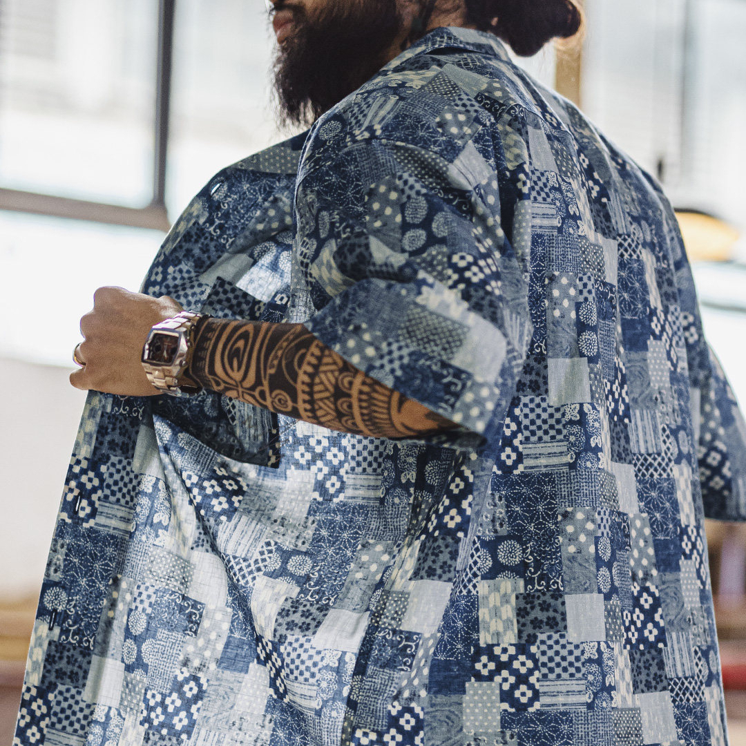 美式復古Boro古布短袖襯衫vintage印花牛仔襯衣外套男夏