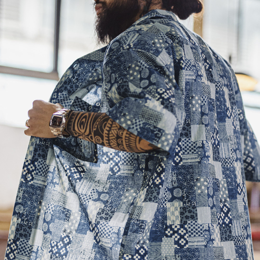 美式復古Boro古布短袖襯衫vintage印花牛仔襯衣外套男夏