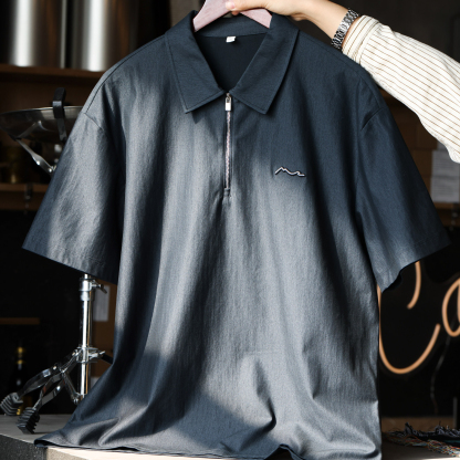 美式休閒200g半拉鍊短袖POLO衫男仿原牛色寬鬆襯衫領T恤